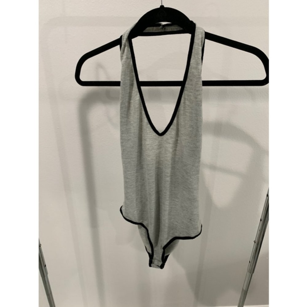 Grey/Black Low Cut Halter Bodysuit